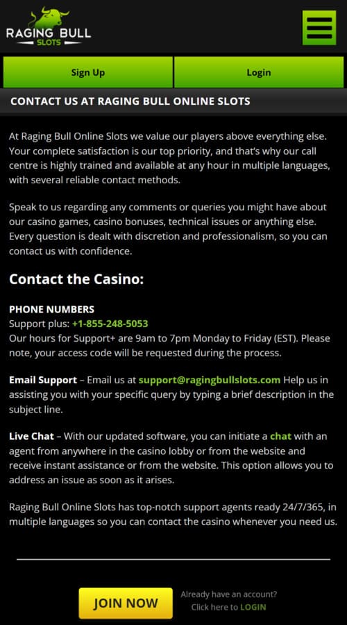 Raging Bull Casino contacts